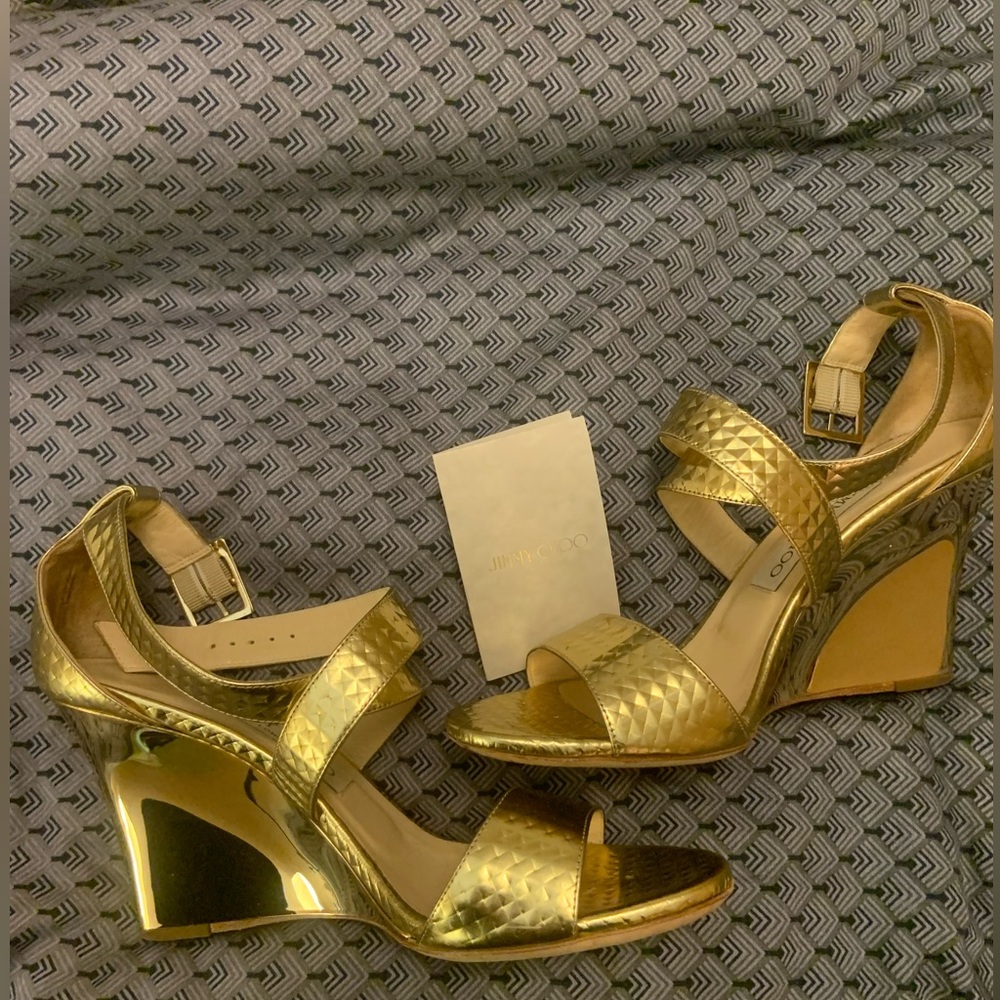 Jimmy Choo Gold Wedge Sandals - Size 7